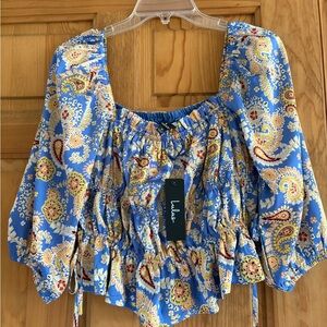 Lulu's Blue Paisley Blouse with billowy sleeves and ruched body